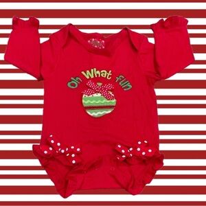 NWOT Kirkland’s Cre8tions 18M “Oh What Fun” w/Appliquéd Ornament Bows & Ruffles